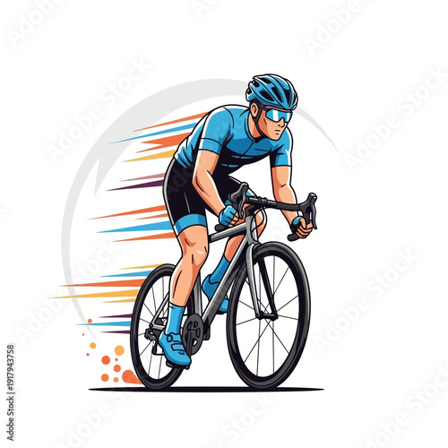 Dynamic cyclist in blue racing gear speeds ahead on a road bicycle, isolated on transparent background.