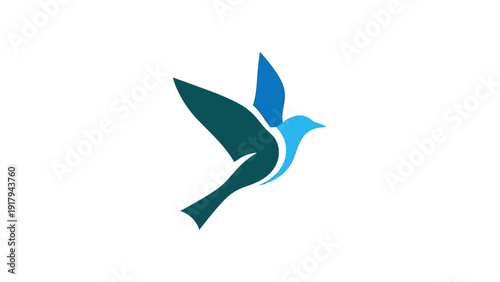 Abstract logo of a bird in flight, with layered shapes and shades of blue and teal