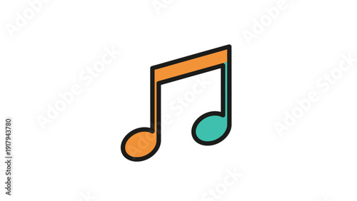 Colorful music symbol with black outline and orange/teal tones, set against white