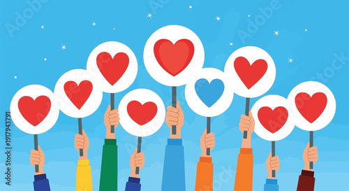 Illustration of diverse hands holding signs with red hearts against a blue sky. The scene conveys a sense of community, love, and support.