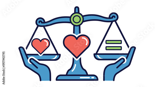 Graphic of a balancing scale, hearts, and equality symbol, held by blue hands