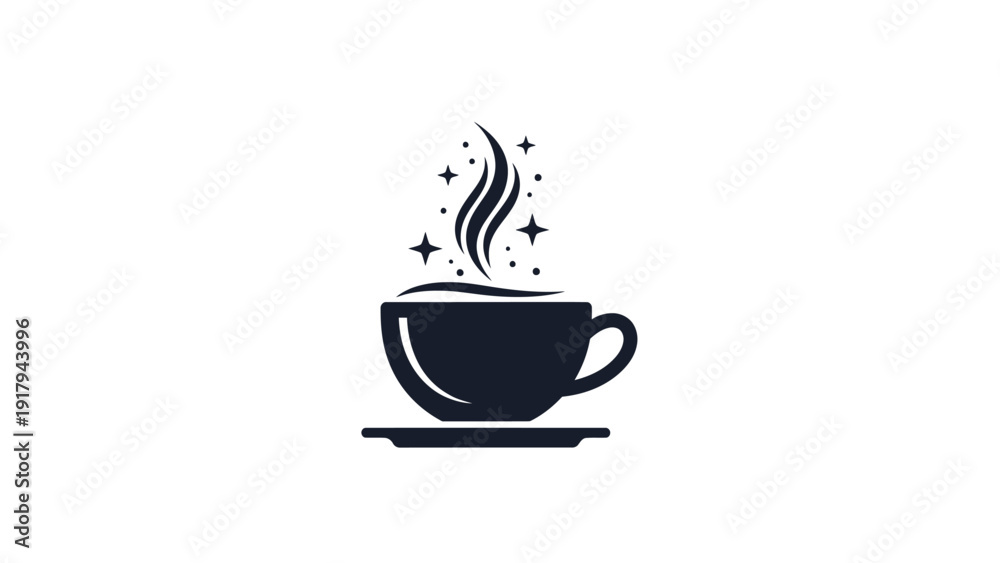 Obraz premium A stylized coffee cup with steam and star bursts. Presented on a saucer, dark on white