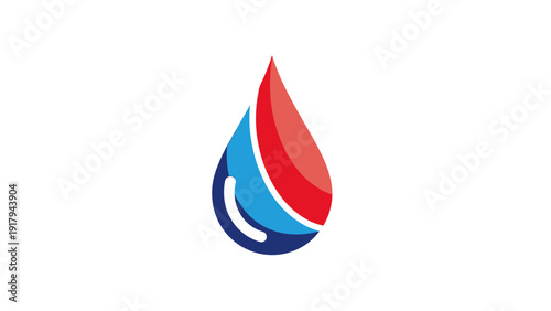 A stylized teardrop design in shades of red, blue, and navy against a white background