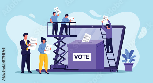Illustration of people casting votes into a large ballot box labeled "VOTE." They stand on ladders and platforms in front of a giant laptop, symbolizing digital voting.