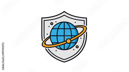 A globe with a circular orbital path in front of a shield with dots on a white background