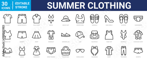 Modern summer clothing line icon set in clean outline style. beachwear, swimwear, vacation outfits and summer fashion accessories. Perfect for fashion websites, e-commerce stores