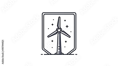 A stylized wind turbine graphic in a shield shape, with stars in background on white
