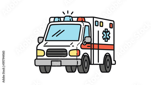 A flat, stylized illustration of a white ambulance with colored lights