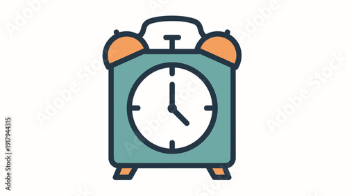 A vector illustration of a retro alarm clock. Features a teal body, orange bells, and white clock face