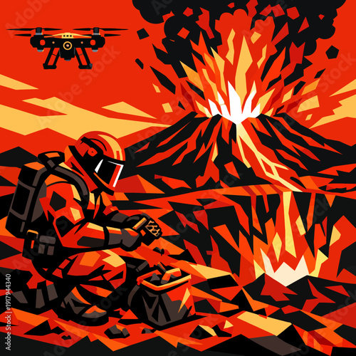 A space explorer collecting samples near an erupting volcano on a distant planet from a crouched viewpoint