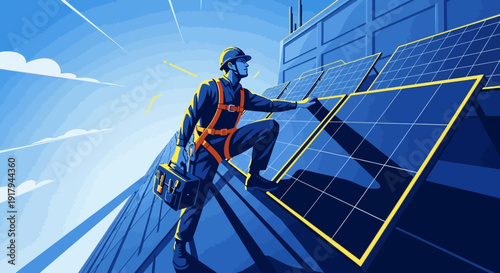 Worker installing solar panels on a rooftop with safety gear