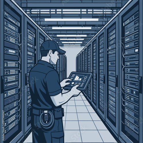 Security guard monitoring server racks in a data center from a side viewpoint