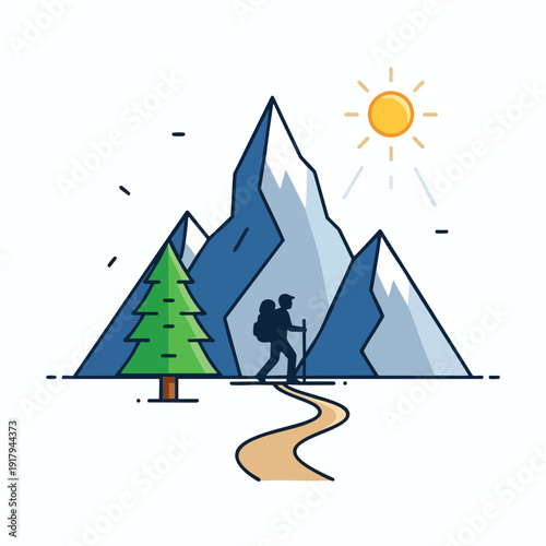 Hiker Trekking in Mountain Landscape with Pine Trees and Sunny Sky
