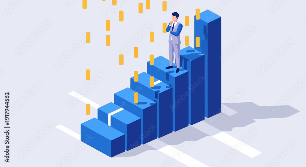 Fototapeta premium Businessman standing on blue bar graph with rising trend and gold coins