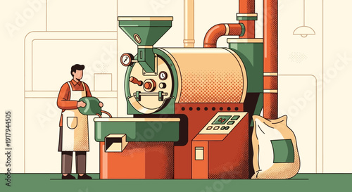 Man operating coffee roasting machine in industrial setting with machinery and coffee beans