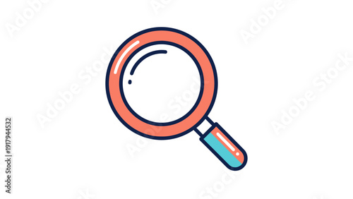 A stylized magnifying glass icon, coral and teal on white. Rounded shapes with outlines
