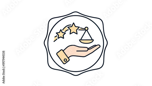 Vector illustration Hand holding scales of justice with stars, inside a scalloped frame
