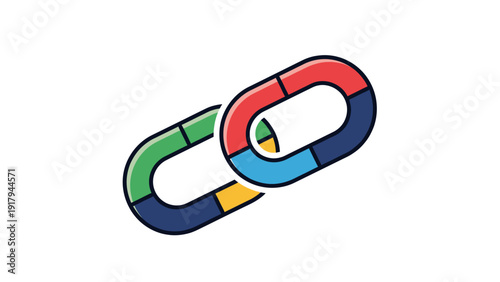 Colorful cartoon chain links, segmented with a light outline, angled on white background