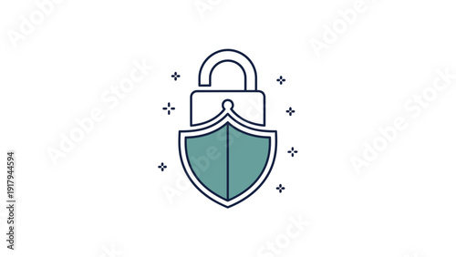 A teal and blue shield-shaped padlock icon surrounded by cross-like shapes on a white background