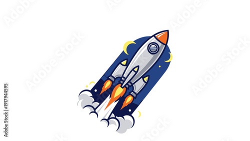 A rocket ship blasts off, leaving a trail of smoke and flames against a starry night sky