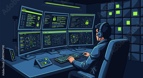 Person working on computer with multiple monitors in a dark room