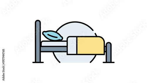 A minimalist bed illustration featuring a blue pillow and yellow blanket