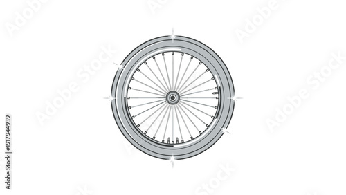 A stylized bicycle wheel with spokes, a tire, and rim set against a white background