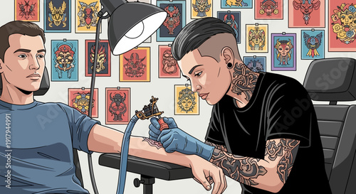 Tattoo artist meticulously works on a client's arm in a studio surrounded by designs on the wall from a close-up viewpoint