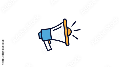 A cartoon megaphone icon in blue, orange, and white with radiating lines