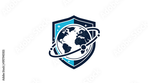 A shield features a world globe with orbiting lines and stars, in blue and white