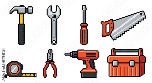 A collection of pixel-style tools including a hammer, wrench, screwdriver, saw, and a toolbox