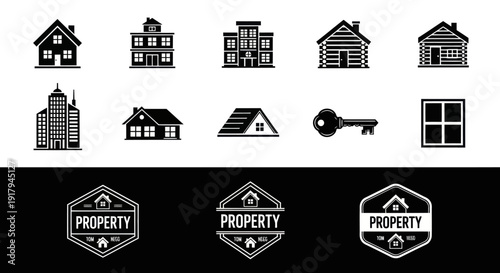 A collection of black silhouettes representing various buildings, keys, and property-related icons