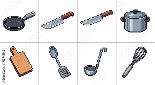 A collection of eight pixel-art kitchen utensils including frying pan, knives, pot, and spatula