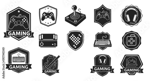 A collection of gaming-themed badges featuring controllers, headsets, and consoles in black and white