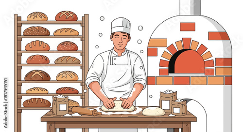 Baker preparing dough in front of brick oven with bread on shelves