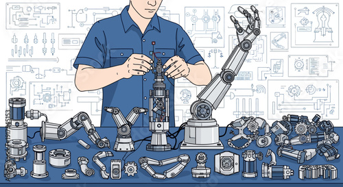 Technician assembling robotic arm components on workbench with various mechanical parts