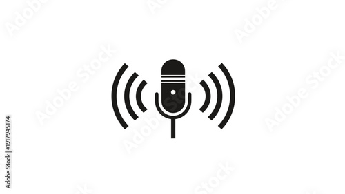 Black microphone icon emitting sound waves, centered on white background