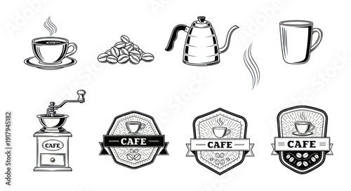 A collection of coffee-related illustrations featuring a cup, grinder, kettle, beans, and badges