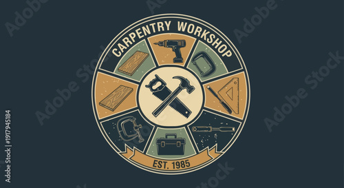 A vintage-style circular emblem featuring carpentry tools, established in 1985, on a dark background