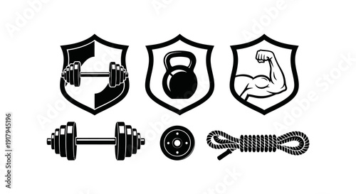 A collection of fitness icons showcasing weights, kettlebells, a muscular arm, and a rope, all emblematic