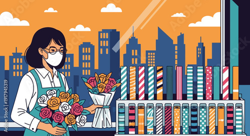 Woman holding flowers in office with cityscape background illustration