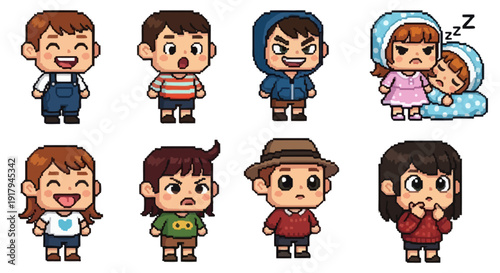 Eight animated children display various emotions and outfits, showcasing joy, surprise, and annoyance