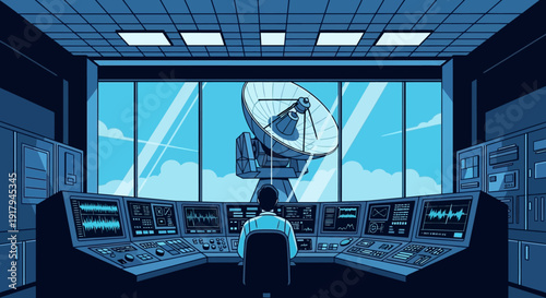 Satellite tracking control room with operator monitoring dish antenna system from behind the console