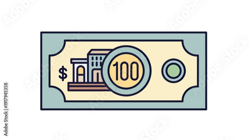 An illustrated $100 bill with architectural details and a circular numeral