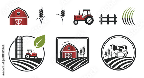 A collection of farm-themed icons including barns, tractors, crops, and a cow in varied designs