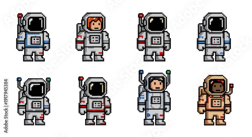 Eight pixel art astronauts in various suits, displaying diverse colors and designs in a row