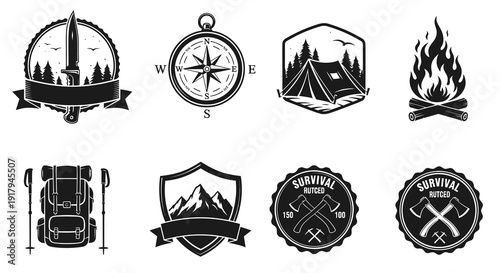 A collection of outdoor-themed badges and emblems featuring camping, survival gear, and nature symbols