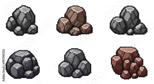 Six groups of pixel-style rocks in varying shapes, sizes, and shades displayed in two rows