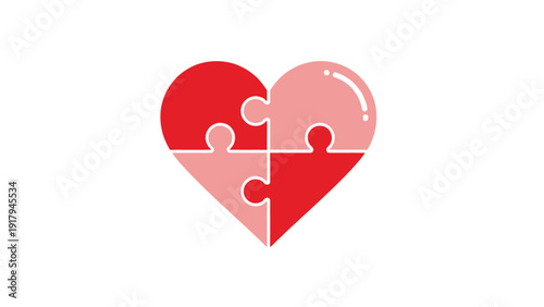 A heart made of four puzzle pieces, shaded in red and pink against a white background