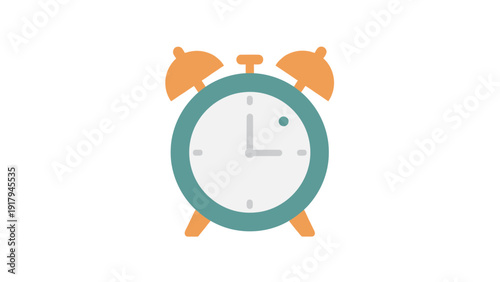 A teal and orange alarm clock with the hands indicating a time after the hour